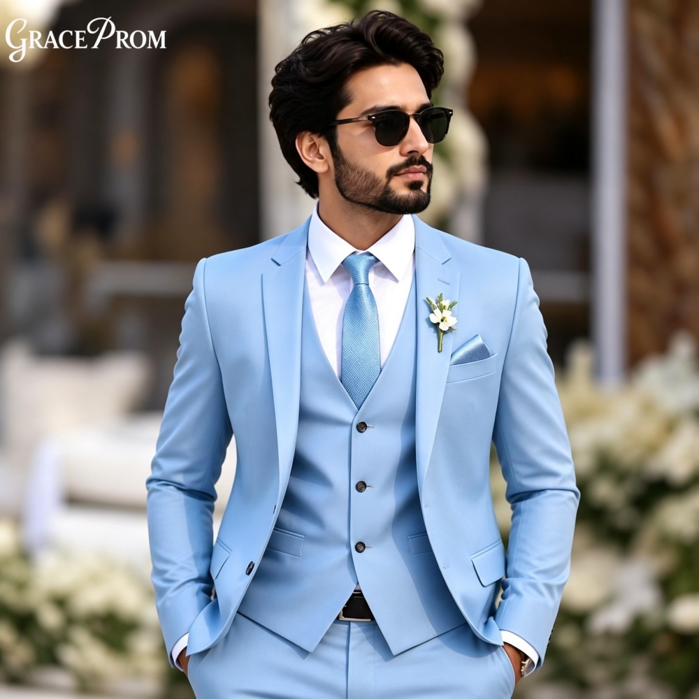 Men'S Formal Evening Wear - Elegant Licht Hemelsblauw 3-delig Heren Smokingpak