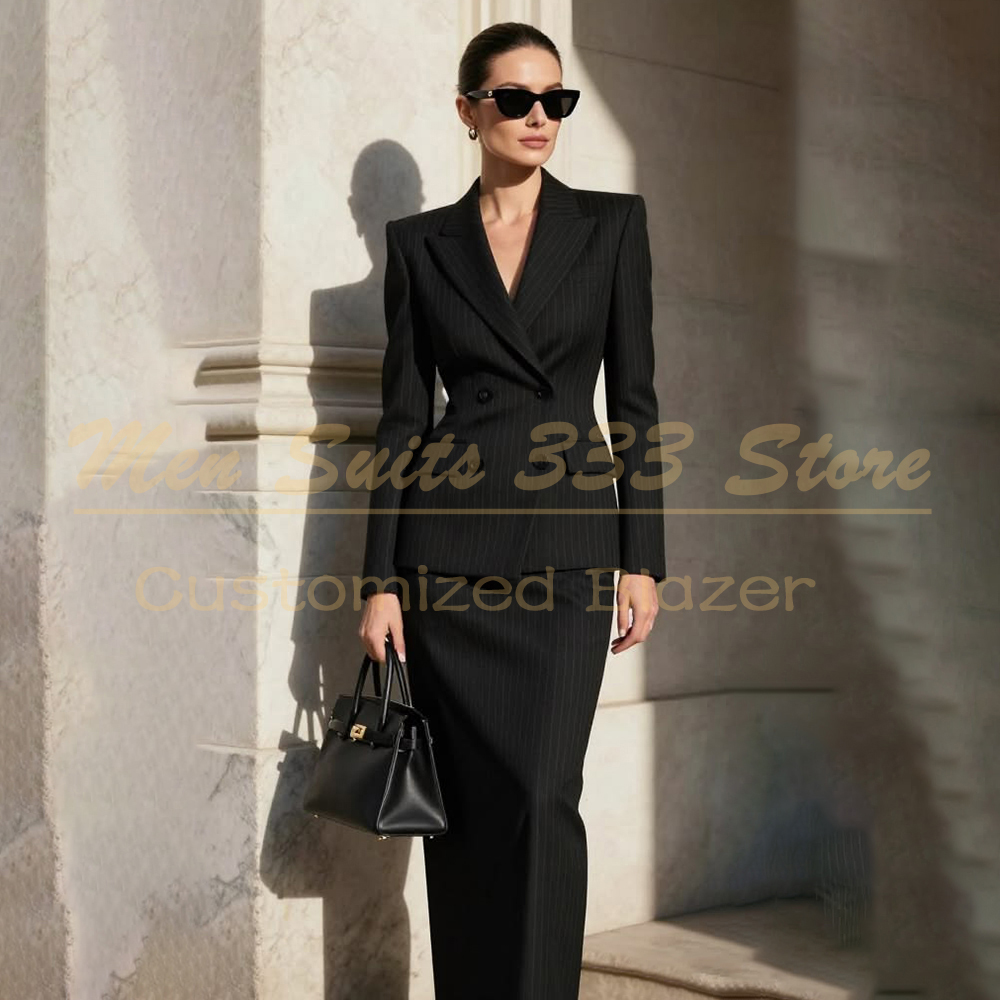 Men Formal Wear All Black - Zwarte gestreepte damespakken van designermerk, formeel,